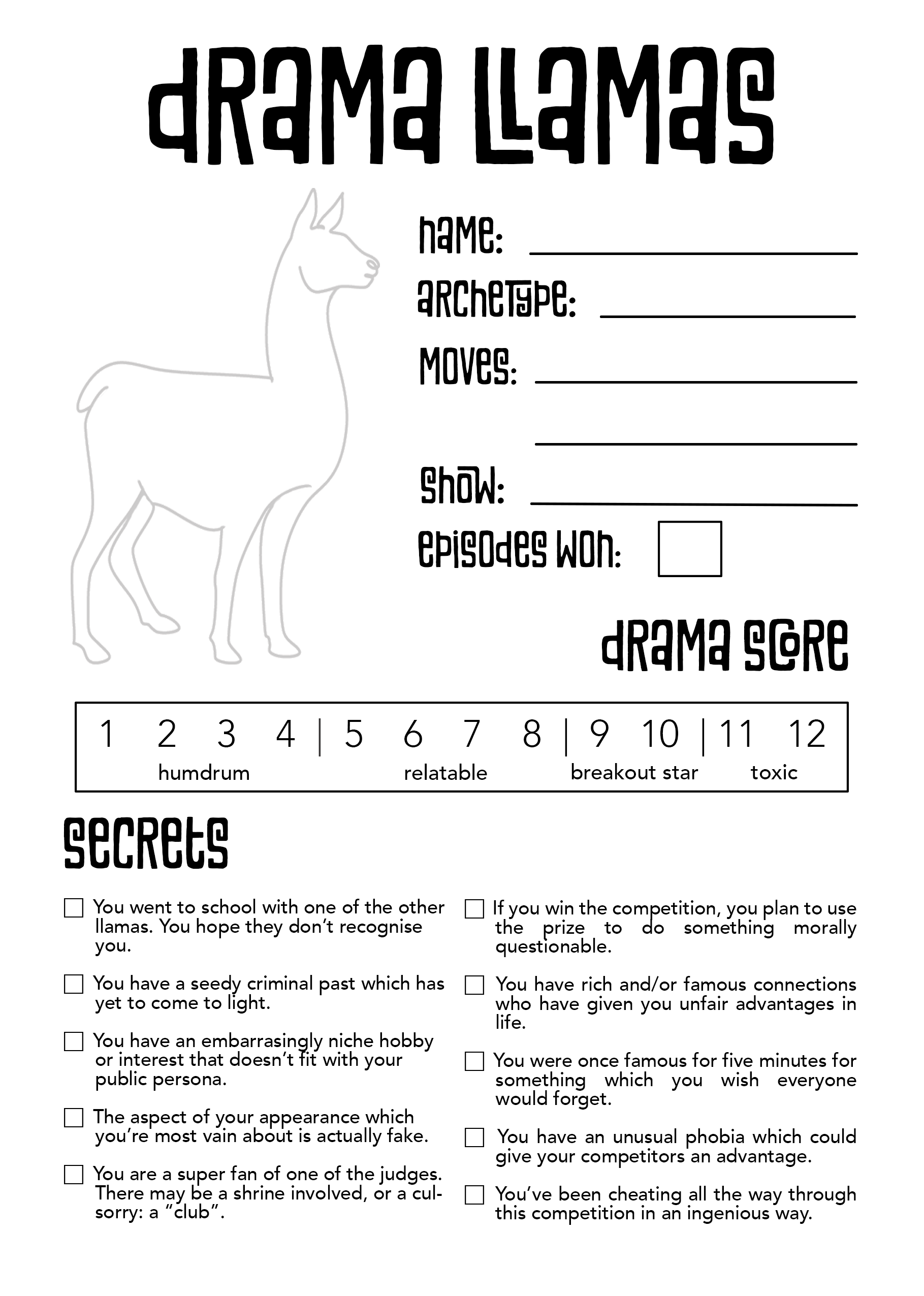 drama llamas character sheet